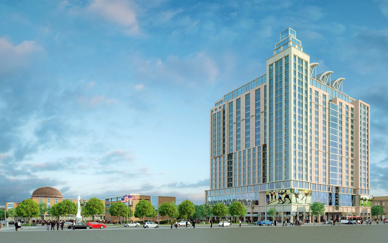 A rendering of the proposed McGinley Square tower. Via Sora Development/Saint Peter's University.