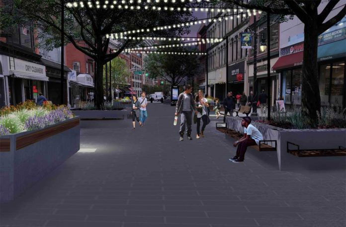 Newark Avenue Pedestrian Plaza Renovation to Begin Next Spring Jersey City Pedestrian Plaza Redesign Rendering Night