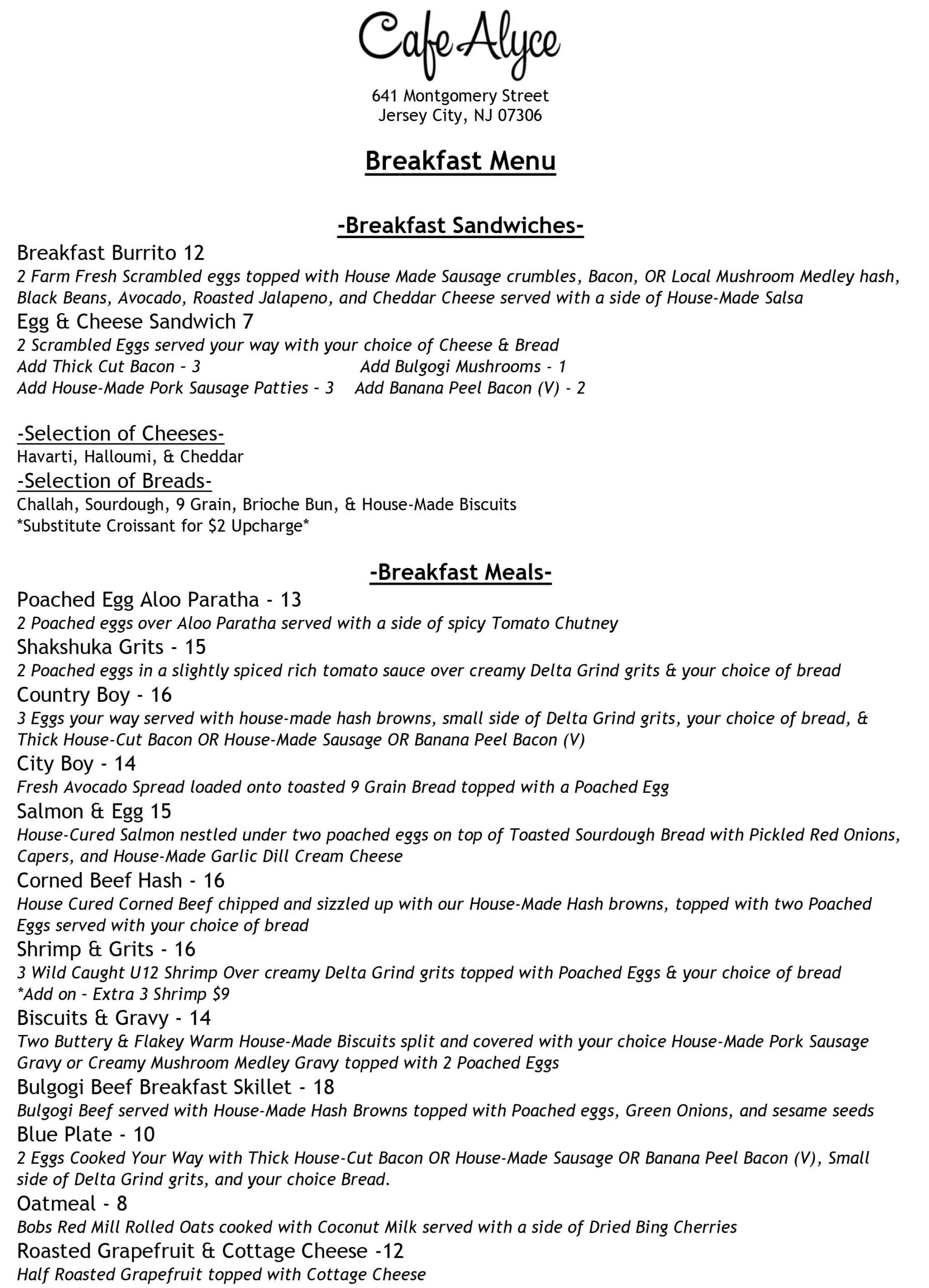 Cafe Alyce Breakfast Menu 1